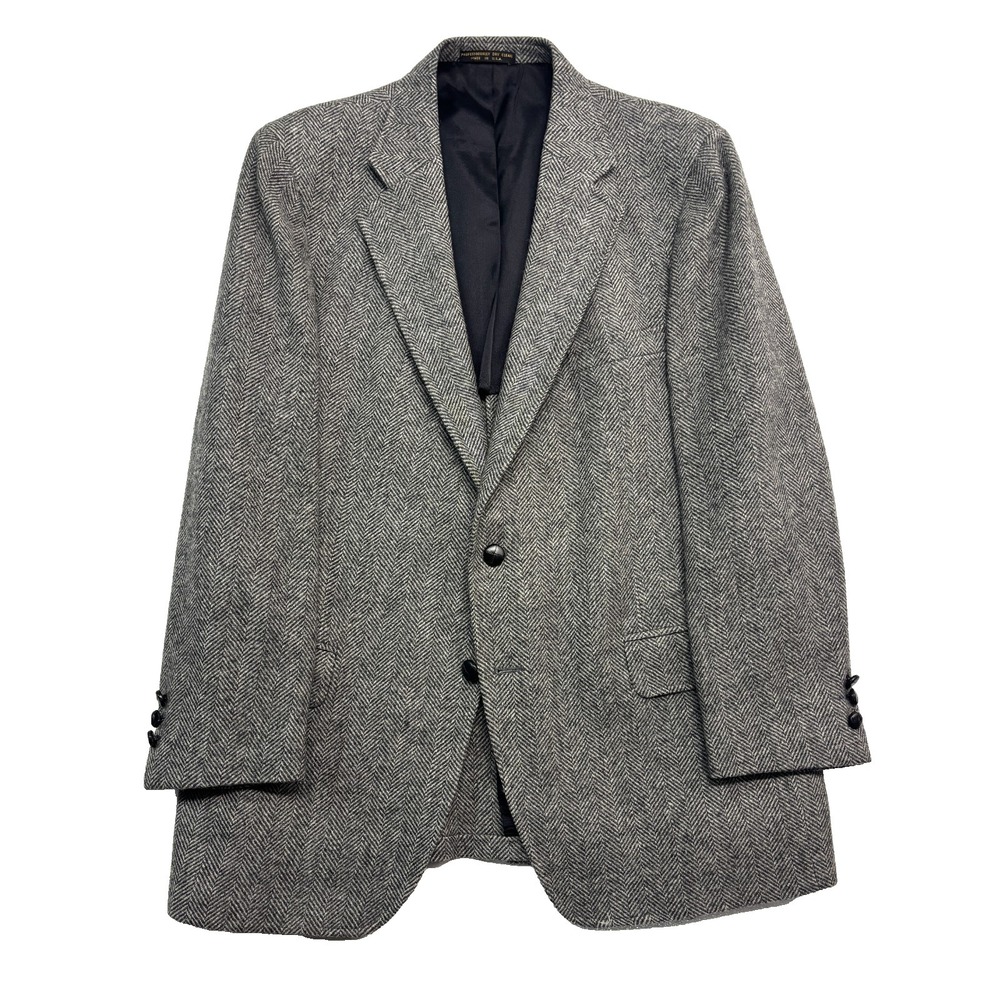 vtg Herringbone Tweed 46R Slim Black White‎ Blazer Jacket Sport Suit Coat USA